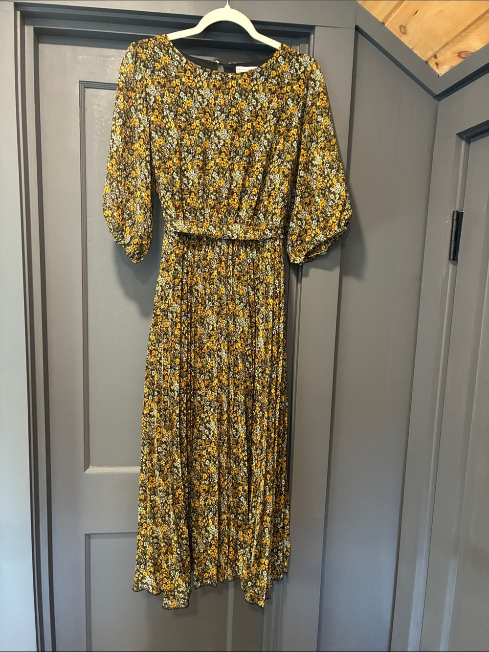 Baltic Born Mustard Floral Midi Dress with Puff Sleeves
